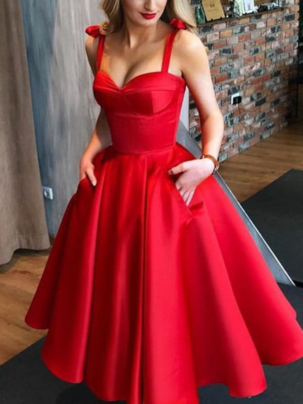 Wholesale A-Line/Princess Satin Bowknot Straps Sleeveless Tea-Length Homecoming Dresses